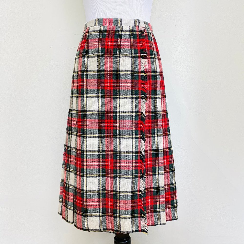 Vintage Wool Blend Plaid Tartan Kilt Wrap Skirt